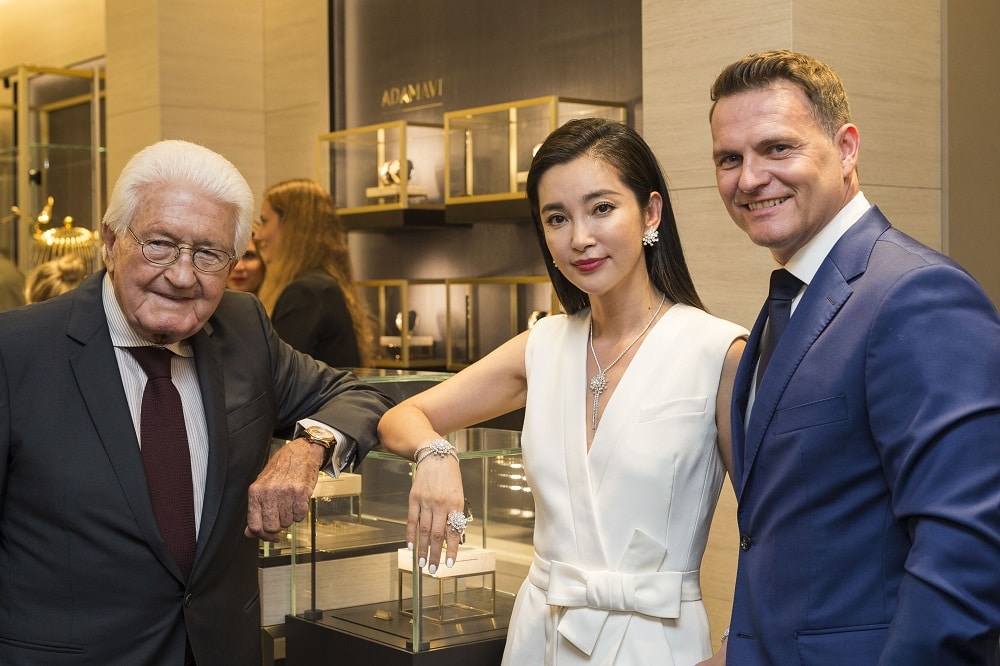 Carl F. Bucherer Boutique Opening Lucerne, the first Carl F. Bucherer Boutique in their hometown where the brand was founded almost 130 years ago, Joerg G. Bucherer, the owner, Li Bingbing, famous Chinese Actress and global brand ambassador of Carl F. Bucherer, and CEO Sascha Moeri, photographed at the opening ceremony, 24. August 17, in Lucerne, Switzerland. (PPR/Dominik Baur)