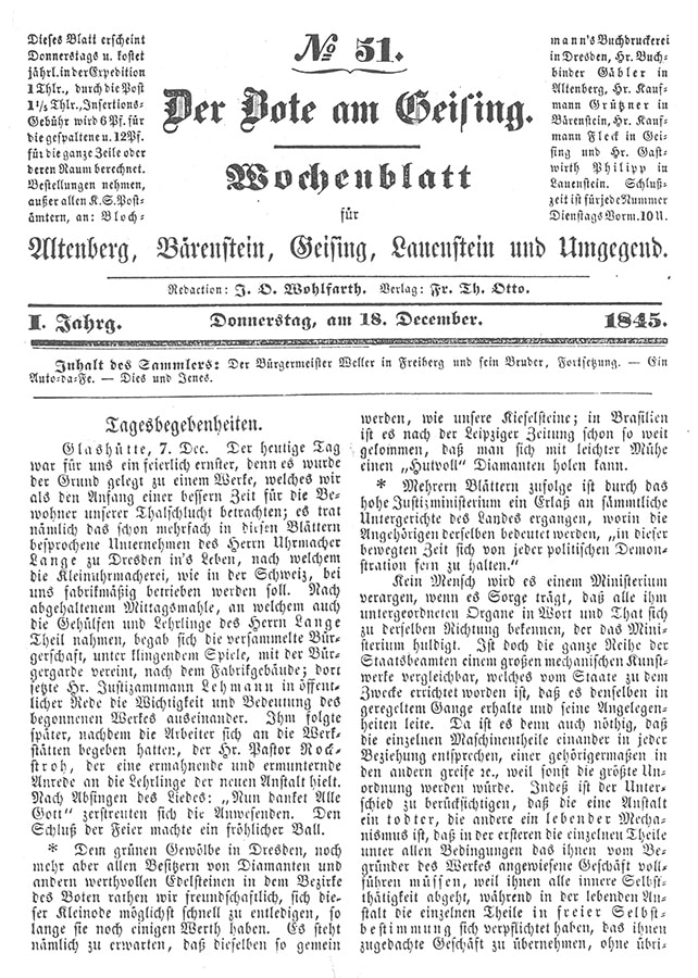 21 Historischer Pressebeitrag Von 1845 Zur Gründung Der Glashütter Uhrenindustrie © Deutsches Uhrenmuseum Glashütte Web